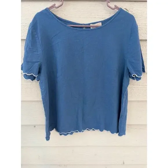 LOFT Outlet Blue Linen Blend Top XL Scalloped Hem Lightweight - Picture 3 of 6